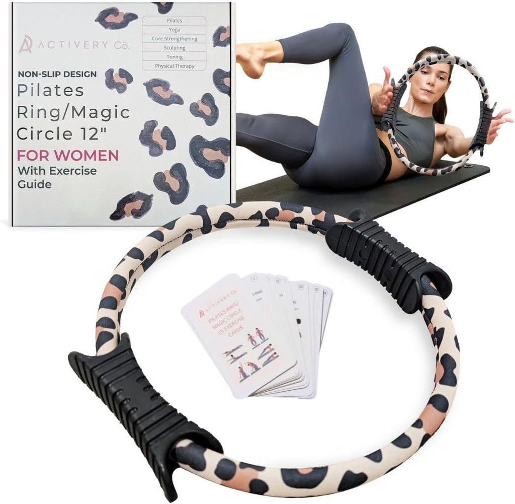 Pilates Ring Magic Circle for Women, 12” with Dual Grip Handles and Exercise Guide, Pilates Equipment for Home or Gym Workout, Fitness Tool, Leopard Print
