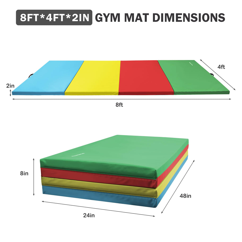 Fitvids Folding Exercise Gymnastics Mat, 4'x8'x2" Gym Workout Mat with Carrying Handles 4-Fold High-Density Anti-Tear Portable Fitness Aerobics Mat for Home Gym Yoga Pilates Tumbling MMA Core Training
