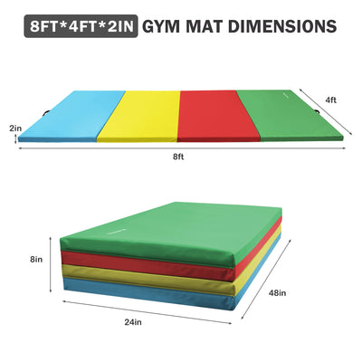 Fitvids Folding Exercise Gymnastics Mat, 4'x8'x2" Gym Workout Mat with Carrying Handles 4-Fold High-Density Anti-Tear Portable Fitness Aerobics Mat for Home Gym Yoga Pilates Tumbling MMA Core Training