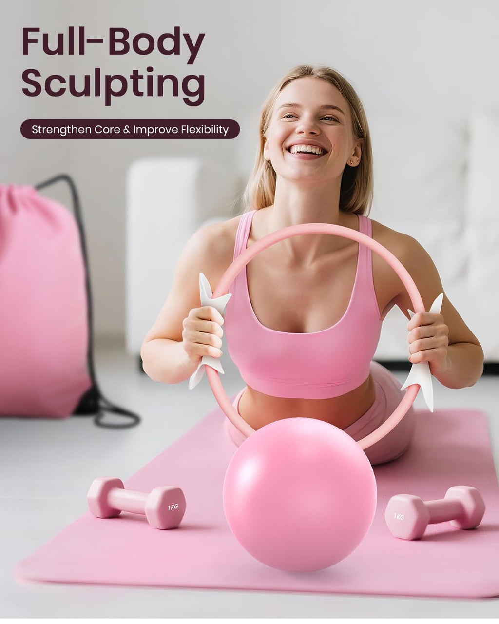 Pilates Ring Set for Women, Home Workout Pilates Equipment with Resistance Bands, 14'' Magic Circle, Mini Ball, Pilates Starter Kit for Strength, Toning and Flexibility, Workout Guide Included