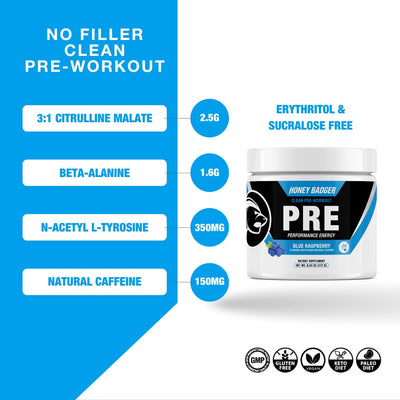 Honey Badger Pre Workout Powder, Keto Vegan Preworkout for Men & Women, Beta Alanine & Caffeine, Sugar Free Natural Energy Supplement, Wild Berry, 30 Servings