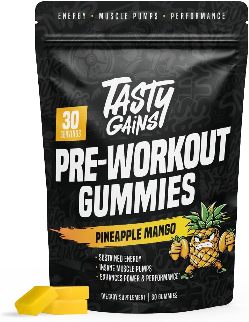TASTY GAINS - Pre-Workout Gummies – Energy & Focus Boost, Caffeine Gummies for Men & Women, 200mg of Caffeine, Fat-Burning Preworkout for Strength & Endurance, Pineapple Mango Flavor, 60 Count
