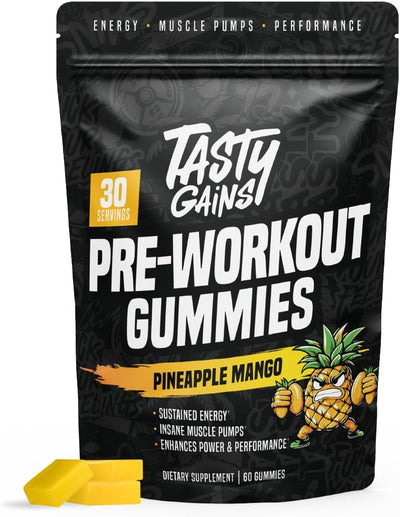 TASTY GAINS - Pre-Workout Gummies – Energy & Focus Boost, Caffeine Gummies for Men & Women, 200mg of Caffeine, Fat-Burning Preworkout for Strength & Endurance, Pineapple Mango Flavor, 60 Count