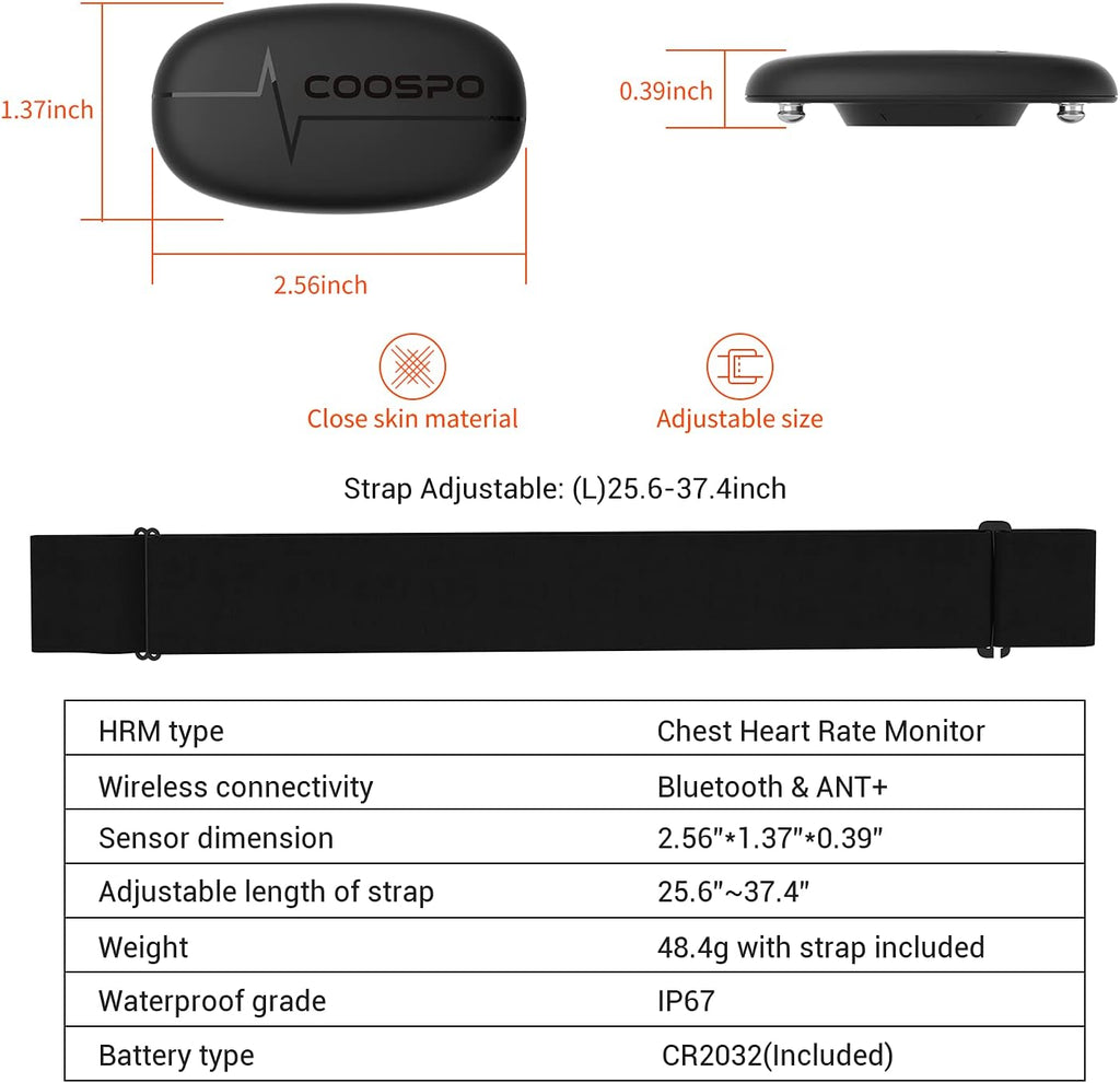 COOSPO Heart Rate Monitor Chest Strap, Bluetooth ANT+ Heart Rate Monitor Chest Sensor with 400H Battery, HRM Works with Strava/Wahoo Fitness/Polar Beat/Peloton/DDP Yoga App