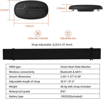 COOSPO Heart Rate Monitor Chest Strap, Bluetooth ANT+ Heart Rate Monitor Chest Sensor with 400H Battery, HRM Works with Strava/Wahoo Fitness/Polar Beat/Peloton/DDP Yoga App