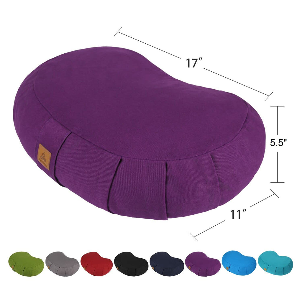 Crescent Zafu Meditation Pillow, D=17" W=11" H=5.5" Zabuton Yoga Bolster, Meditation Cushion, Floor Pouf Yoga Pillow Zippered Organic Cotton Cover Natural Buckwheat kneeling pillow - Large