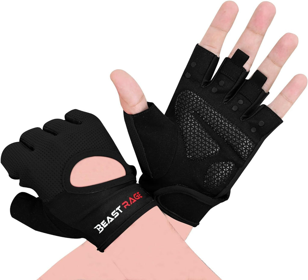 BEAST RAGE Workout Gloves for Men & Women - Fingerless Gym Gloves with Palm Protection, Breathable & Lightweight for Weightlifting, Cycling & Pull Up