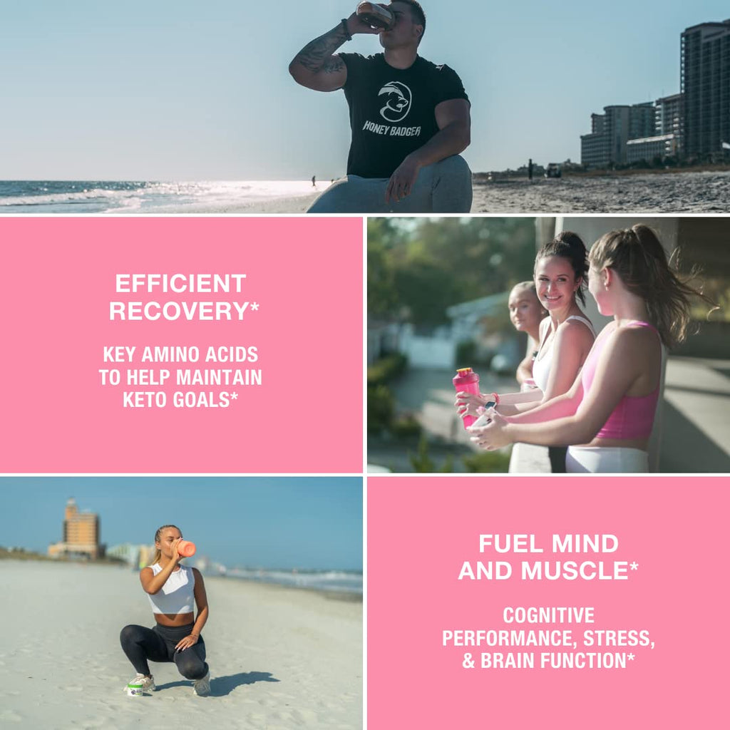 Honey Badger BCAA + EAA Amino Acids Powder, BCAAs + L-Glutamine, Keto, Vegan, Sugar Free for Men & Women, Hydration & Post Workout Muscle Recovery Drink Mix, Pink Lemonade, 30 Servings