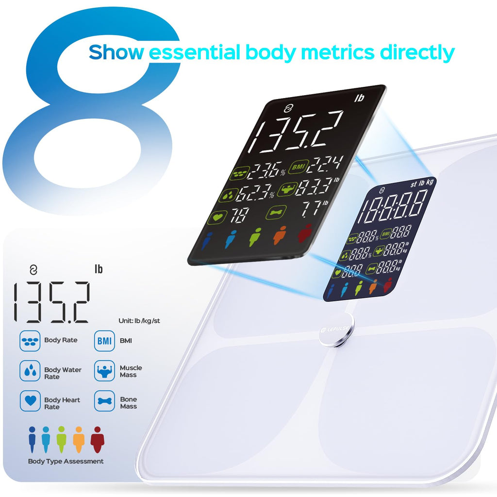 Lepulse Scale for Body Weight, Smart Digital Bathroom Weight Scale with BMI Muscle Mass 20 Body Composition Metrics,4.68"Large Display Body Fat Scales, Heart Rate, Accurate Bluetooth Weighing with App