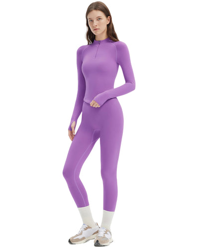 SUUKSESS Workout Sets for Women 2 Piece Seamless Long Sleeve Yoga Outfits Active Leggings Half Zippy Jacket Gym Set