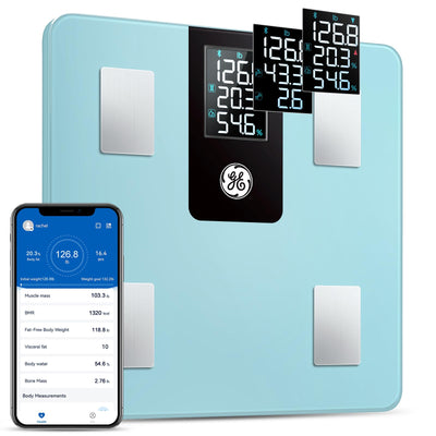 GE Smart Scale for Body Weight BMI Fat Muscle Mass with 14 Body Composition Metrics & All-in-one LCD Display, Digital Bathroom Weight Scales Bluetooth with App, Accurate Weighing Machine 400 lbs