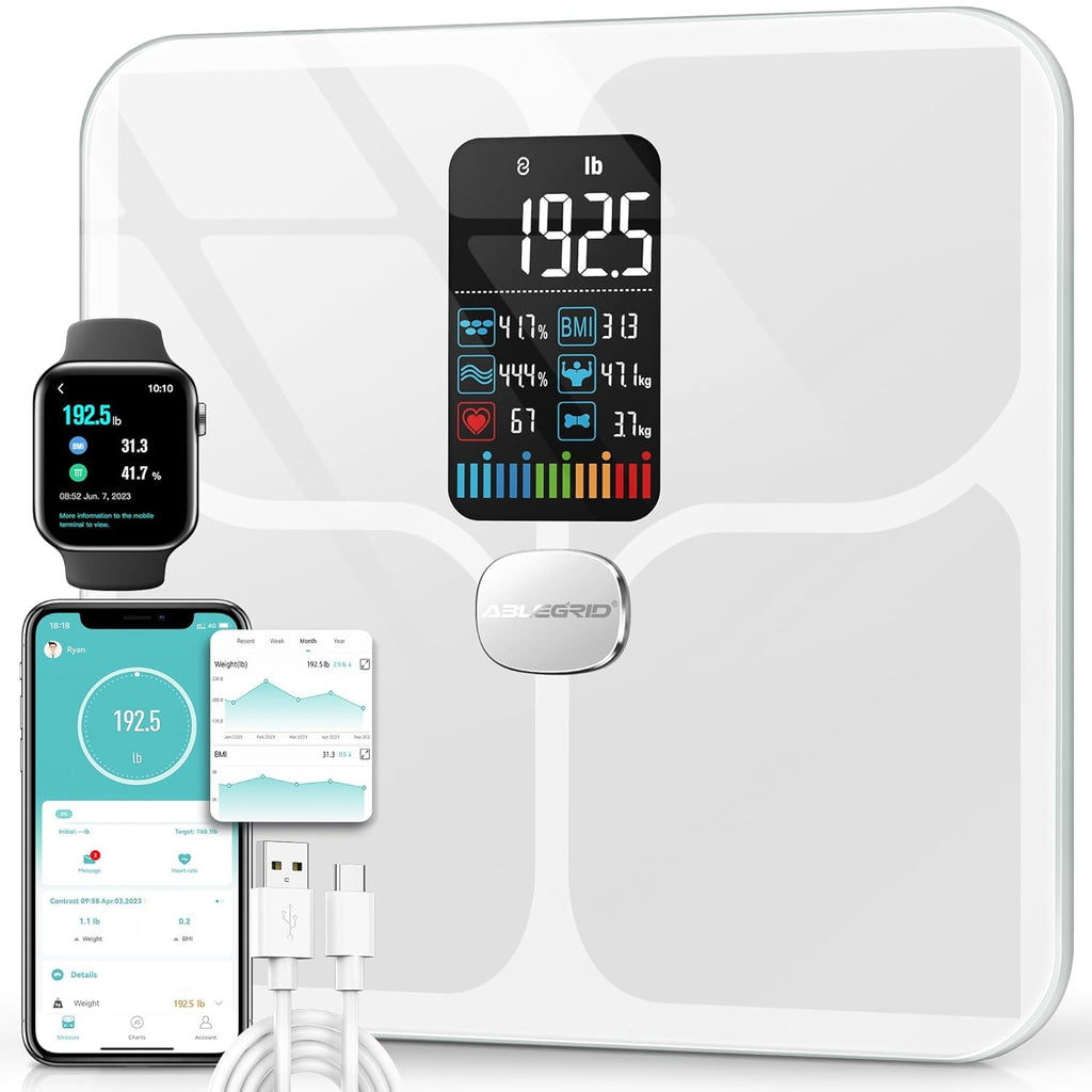 ABLEGRID Body Fat Scale,Digital Smart Bathroom Scale for Body Weight, Large Color Display Screen, 16 Body Composition Metrics BMI, Water Weigh, Heart Rate, Baby Mode, 400lb, Rechargeable