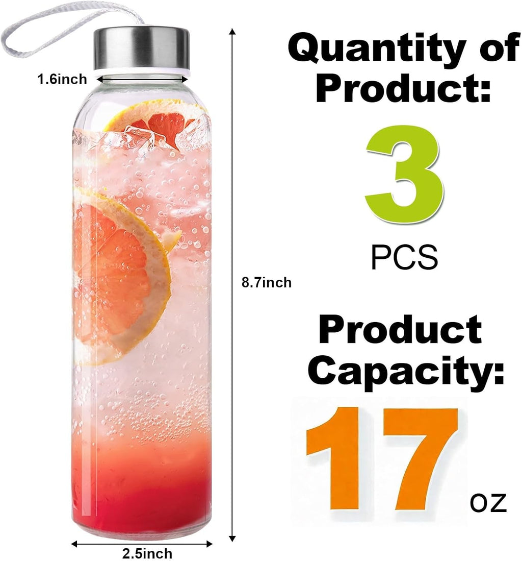 3 Packs Glass Water Bottles with Lid Clear Juice Bottles Reusable Bottle with Stainless Steel Cap Glass Cups Liquid Storage Containers for Juicing Beverage Refrigerator Travel-17oz