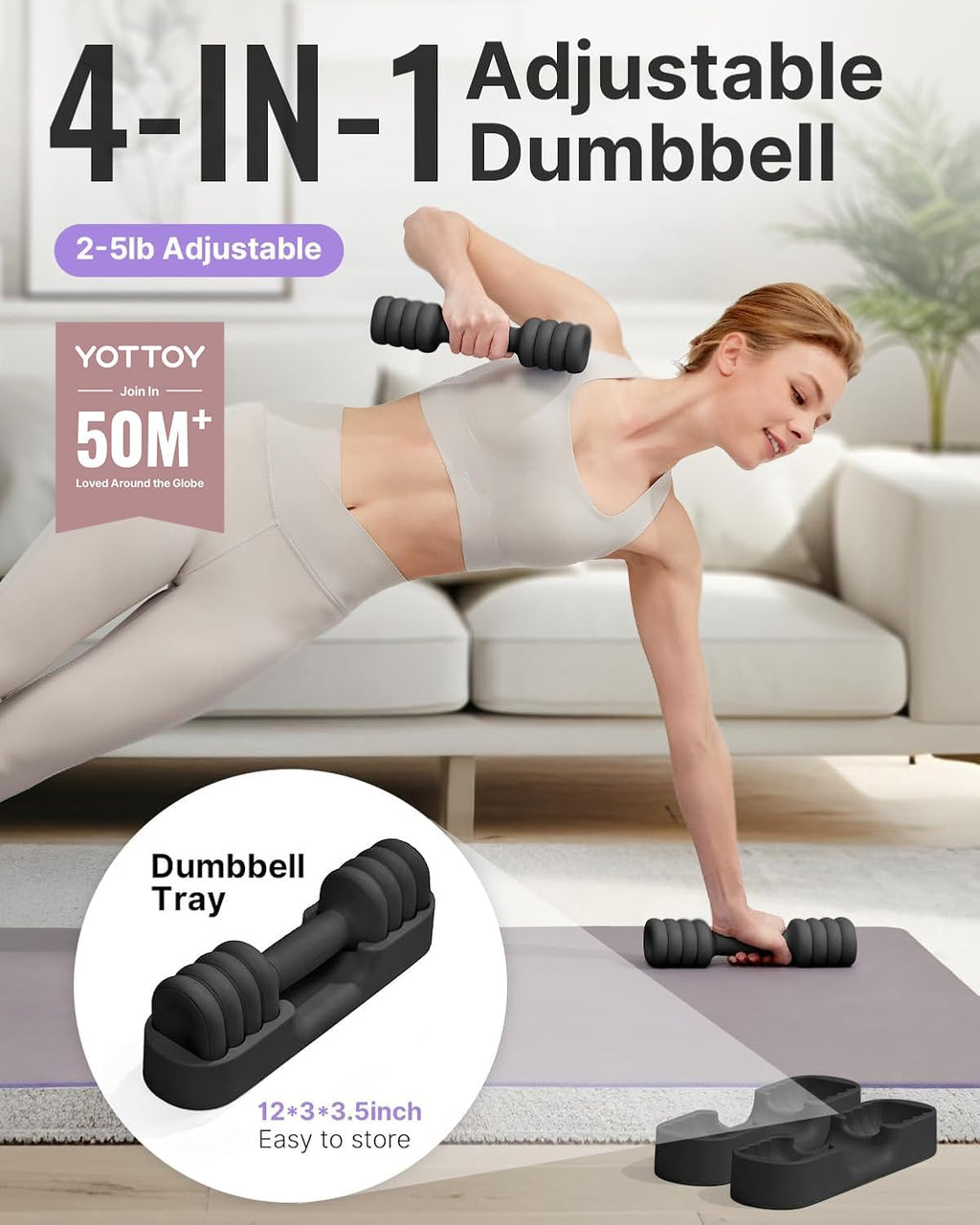 YOTTOY Adjustable Dumbbell Set of 2, 4-in-1 Hand Weights for Women at Home, Compact Free Weights Dumbbells Set with Soft Grip and Base, 2-5 lbs Each for Home Gym