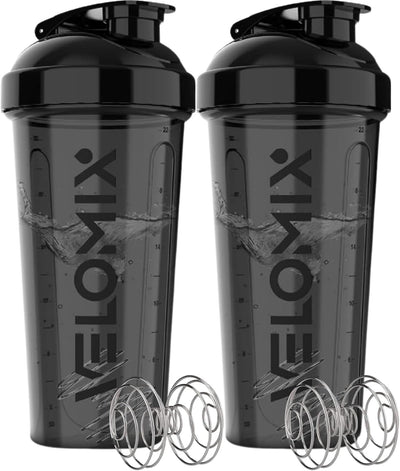 VELOMIX -2 Pack- 28 oz Protein Shaker Bottles for Protein Mixes - 2x Wire Whisk | Leak Proof Shaker Cups for Protein Shakes | Protein Shaker Bottle Pack (Black/Transparent)