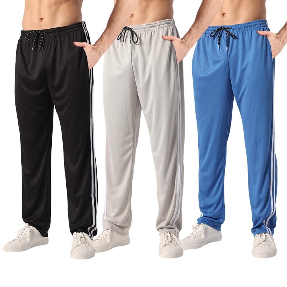 ZH 3 Pack Men's Sweatpants Open Bottom Joggers Lightweight Quick Dry Athletic Pants with Pockets for Workout & Lounge