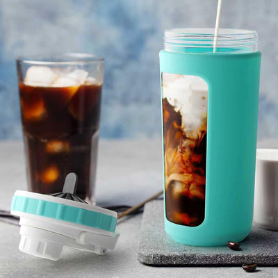 BYLWORKOUT Glass Shaker Bottle Holds upto 28oz | No Blending Ball or Whisk | Removable Plastic Mixer Included | Portable Drink Water Bottle Glass with Silicone Sleeve (White)