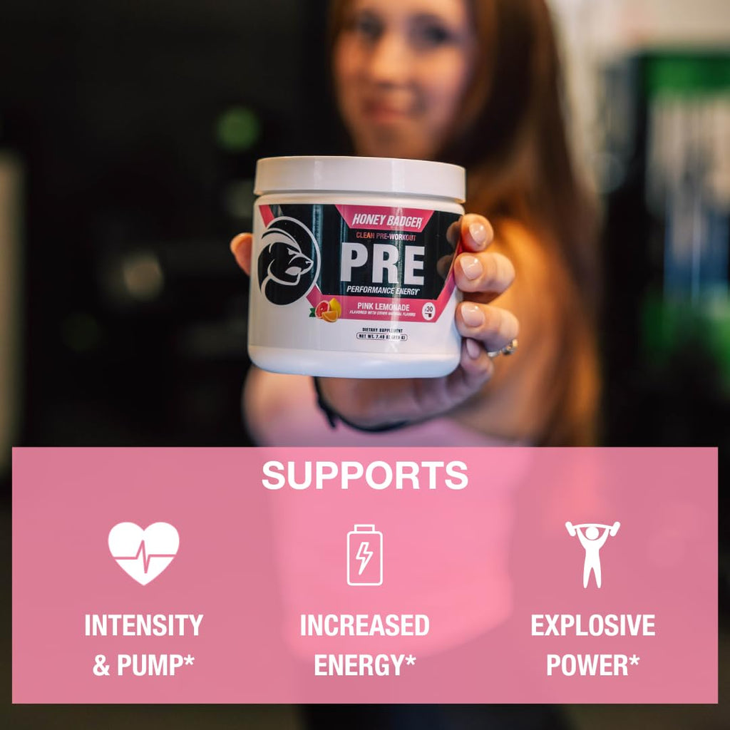 Honey Badger Pre Workout Powder, Keto Vegan Preworkout for Men & Women, Beta Alanine & Caffeine, Sugar Free Natural Energy Supplement, Wild Berry, 30 Servings