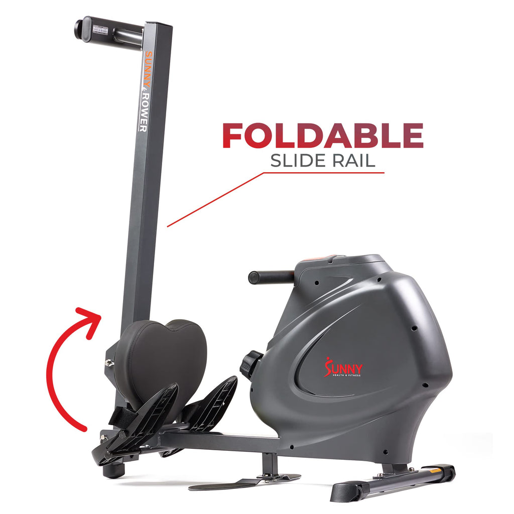 Sunny Health & Fitness Multi-Function Premium Magnetic Rowing Machine, Bicep Curls, Upward Rows, Seated Rows, Foldable Slide Rails, Digital Monitor, Optional Free SunnyFit App Connection