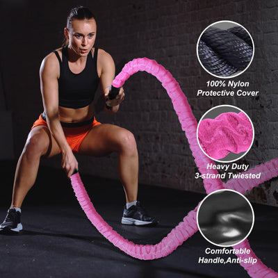 Battle Rope 1/1.26/1.5/2 Inch Diameter,Pink 30FT/40FT/50FT Exercise Workout Ropes for Home Gym Heavy Weighted Training Rope for Working Out