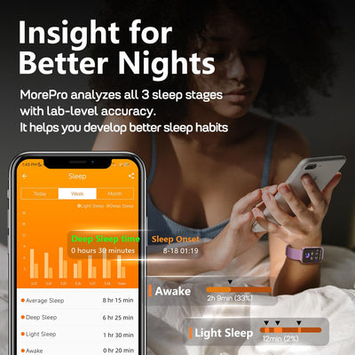 MorePro Health Fitness Tracker with Blood oxy-gen Monitor and 24/7 Heart Rate and Blood Pressure, Sleep Monitor, 120+ Sport Modes Waterproof Fitness Watch for Women Men Android iOS, Black