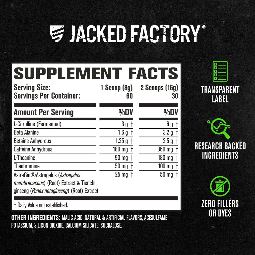 Jacked Factory NITROSURGE Pre Workout Supplement - Endless Energy, Instant Strength Gains, Clear Focus, Intense Pumps - NO Booster & Preworkout Powder with Beta Alanine - 30 Servings, Cherry Limeade