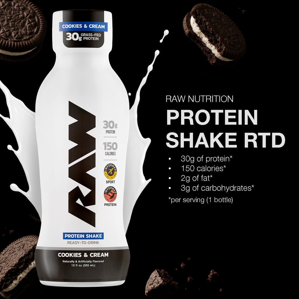 RAW Ready-to-Drink Protein Shake, Vanilla - RTD Protein Drinks with Grass-Fed Whey Protein Isolate for Post-Workout - Zero-Sugar & Gluten-Free Meal Replacement Drink & Breakfast Shake, 12 Fl Oz