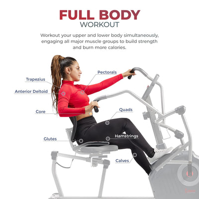 Sunny Health & Fitness Elite Recumbent Cross Trainer & Elliptical Machine with Arm Exercisers for Home Arm/Leg Training, Easy Adjust Seat & Mesh Backrest, Free SunnyFit App Bluetooth Connectivity