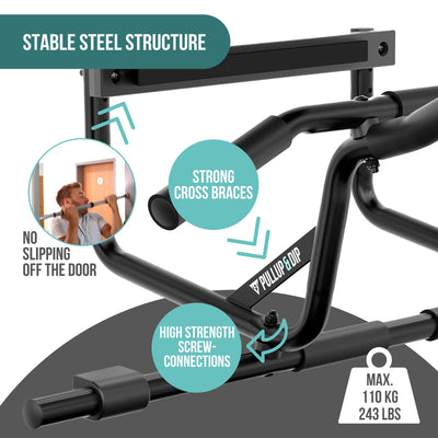 PULLUP & DIP Pull-up bar for door frames for hanging without screws and no slipping, professional door bar, pull-up bar with padded handles
