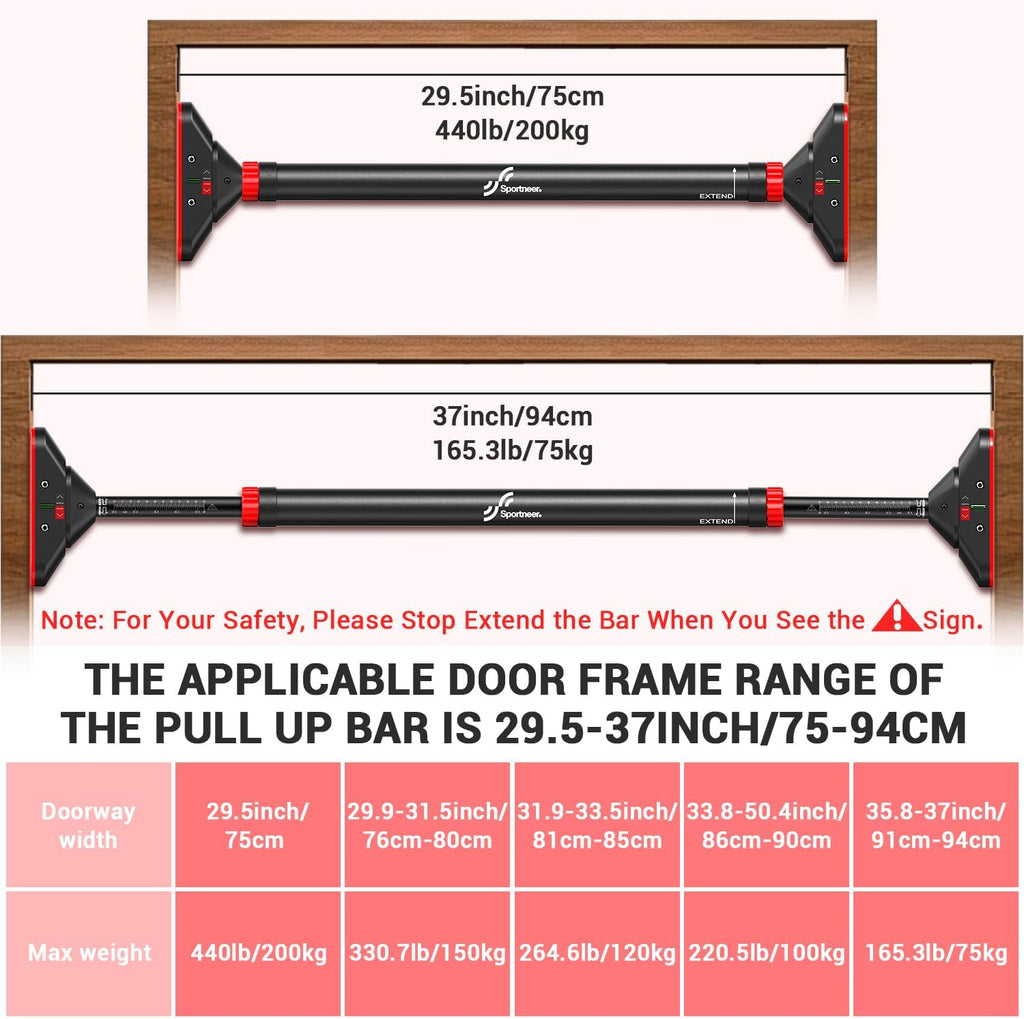 Pull Up Bar for Doorway: Sportneer Strength Training Pull-up Bars without Screw - Adjustable Width Locking Mechanism Chin Up Bar, Thickened Steel Max Limit 440 lbs Upper Body Fitness Pullup Bars for Home (Black-Red)