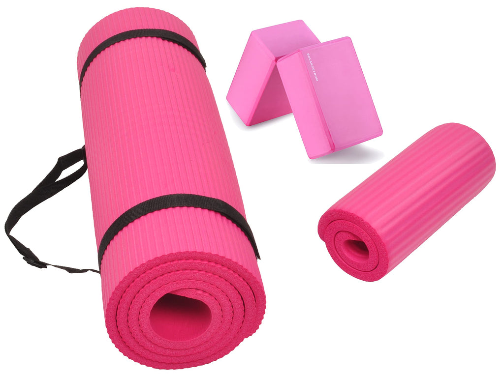 Fitvids All Purpose 1/2-Inch Extra Thick High Density Anti-Tear Exercise Yoga Mat and Knee Pad with Carrying Strap and Optional Yoga Blocks, Multiple