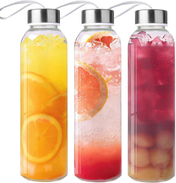 3 Packs Glass Water Bottles with Lid Clear Juice Bottles Reusable Bottle with Stainless Steel Cap Glass Cups Liquid Storage Containers for Juicing Beverage Refrigerator Travel-17oz