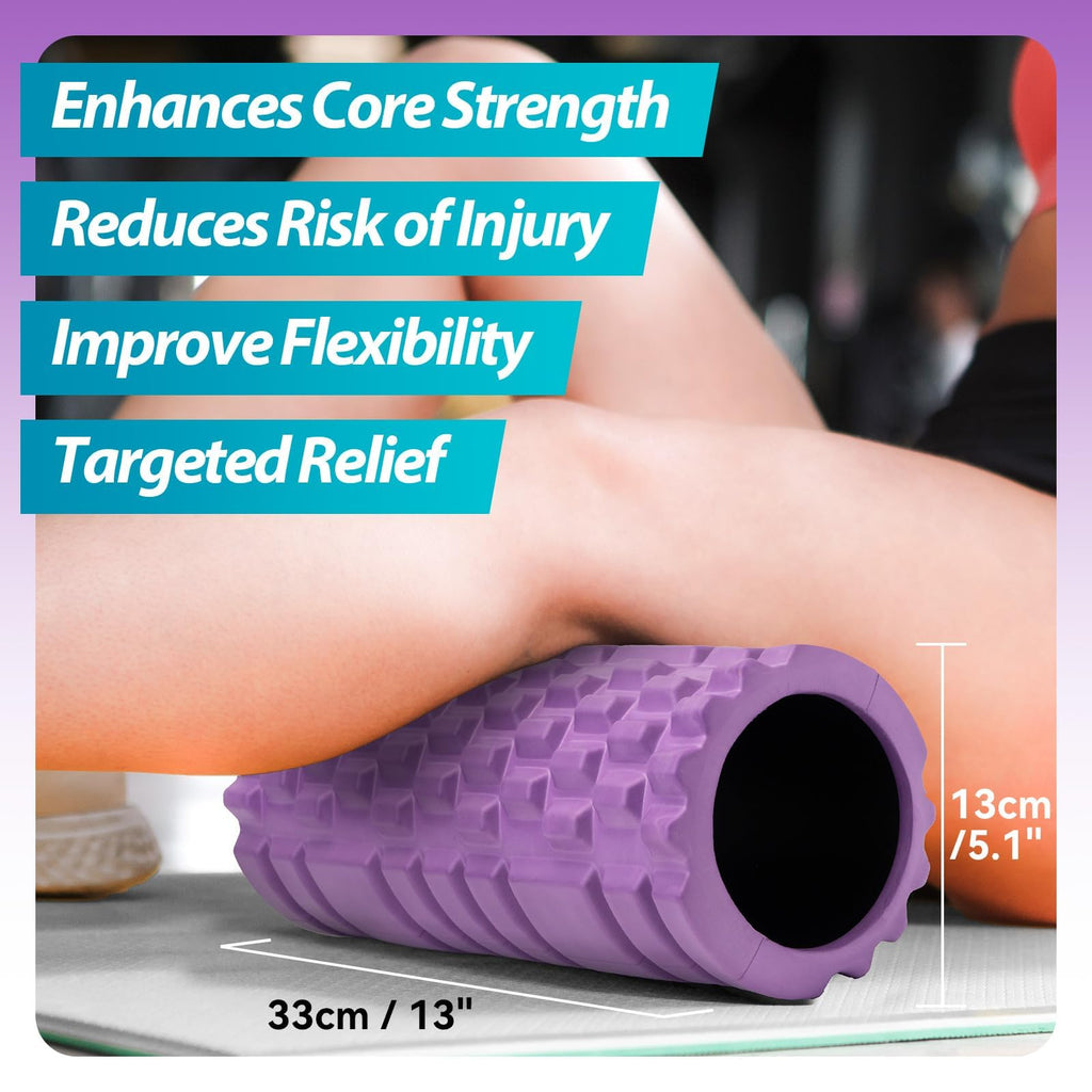 Foam Roller for Muscle Massager, Patented 13" High Density Exercise Roller for Muscle and Myofascial Trigger Point Release, Yoga, Back Roller for Fitness, Yoga (Purple)