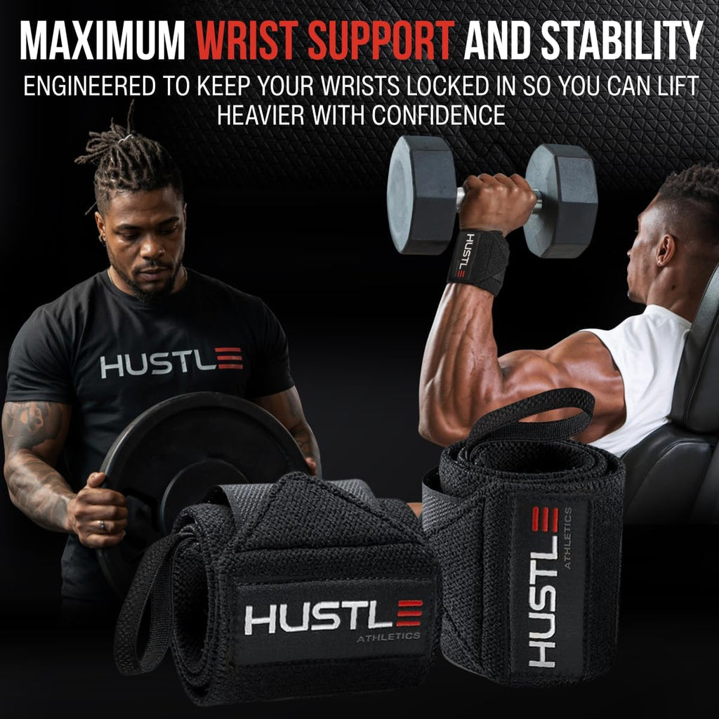 Hustle Athletics Wrist Wraps for Weightlifting - 18" & 12" Premium Wrist Support Weight Lifting Wraps to Lift Heavier & Train Harder - Heavy Duty Powerlifting & Bench Press Gym Straps for Men & Women