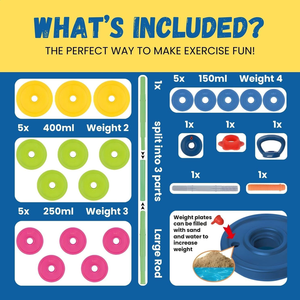 Kids Exercise Weight Set - 3-in-1 Adjustable Workout Toy Equipment for Children Pretend Play Exercise - Toddler Beginner Gym, Fitness, Weightlifting and Powerlifting (Dumbbell, Barbell, Kettlebell)