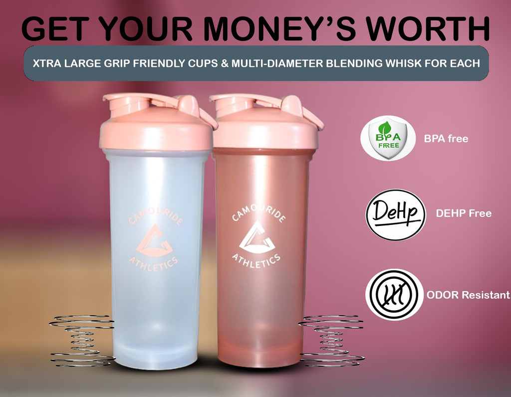 2 Pack 45 oz Protein Shaker Bottles with Wire Whisk – BPA-Free, Leak-Proof Shaker Cups for Protein Shakes & Smoothies – Large Plastic Mixer Bottle – Classic White & Cobalt Blue.