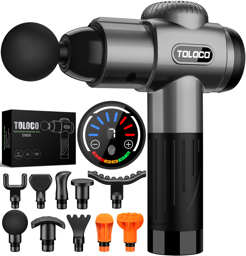 TOLOCO Massage Gun, Deep Tissue Back Massage for Athletes for Pain Relief, Percussion Massager with 10 Massages Heads & Silent Brushless Motor, Gifts for Fathers Day, Black