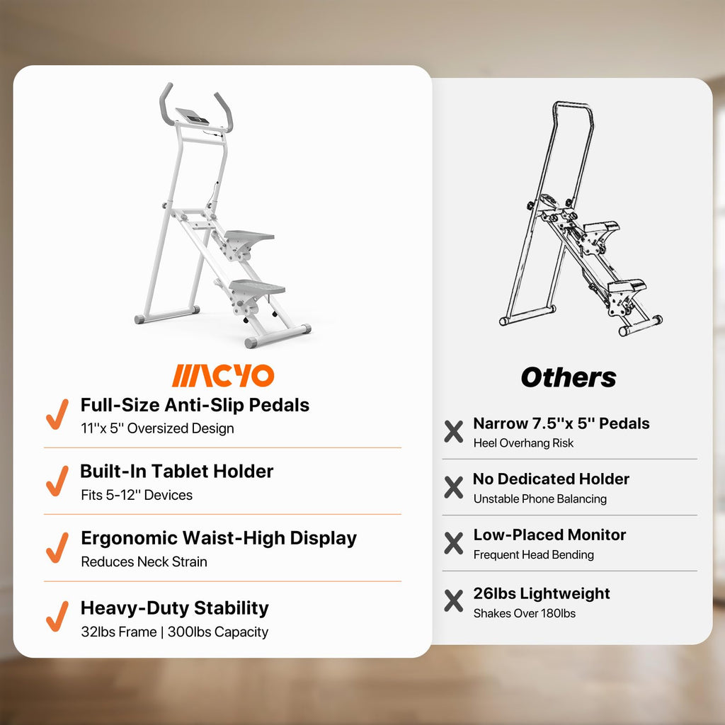 MACYO Stair Stepper for Home Workout - Full-Size Foot Pedals with Tablet Holder, Foldable Stepping Climbers, Easy Assembly, Compact Design for Cardio & Leg Training