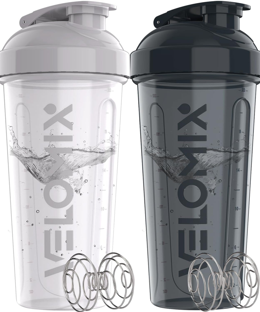 VELOMIX -2 Pack- 28 oz Protein Shaker Bottles for Protein Mixes - 2x Wire Whisk | Leak Proof Shaker Cups for Protein Shakes | Protein Shaker Bottle Pack (Black/Transparent)