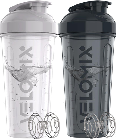 VELOMIX -2 Pack- 28 oz Protein Shaker Bottles for Protein Mixes - 2x Wire Whisk | Leak Proof Shaker Cups for Protein Shakes | Protein Shaker Bottle Pack (Black/Transparent)