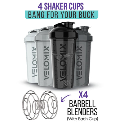 VELOMIX -4 PACK- 28 oz Protein Shaker Bottle for Protein Mixes - 4x Wire Whisk | Leak Proof Shaker Cups for Protein Shakes | Protein Shaker Bottle Pack | Protein Shake Cup (Brown)