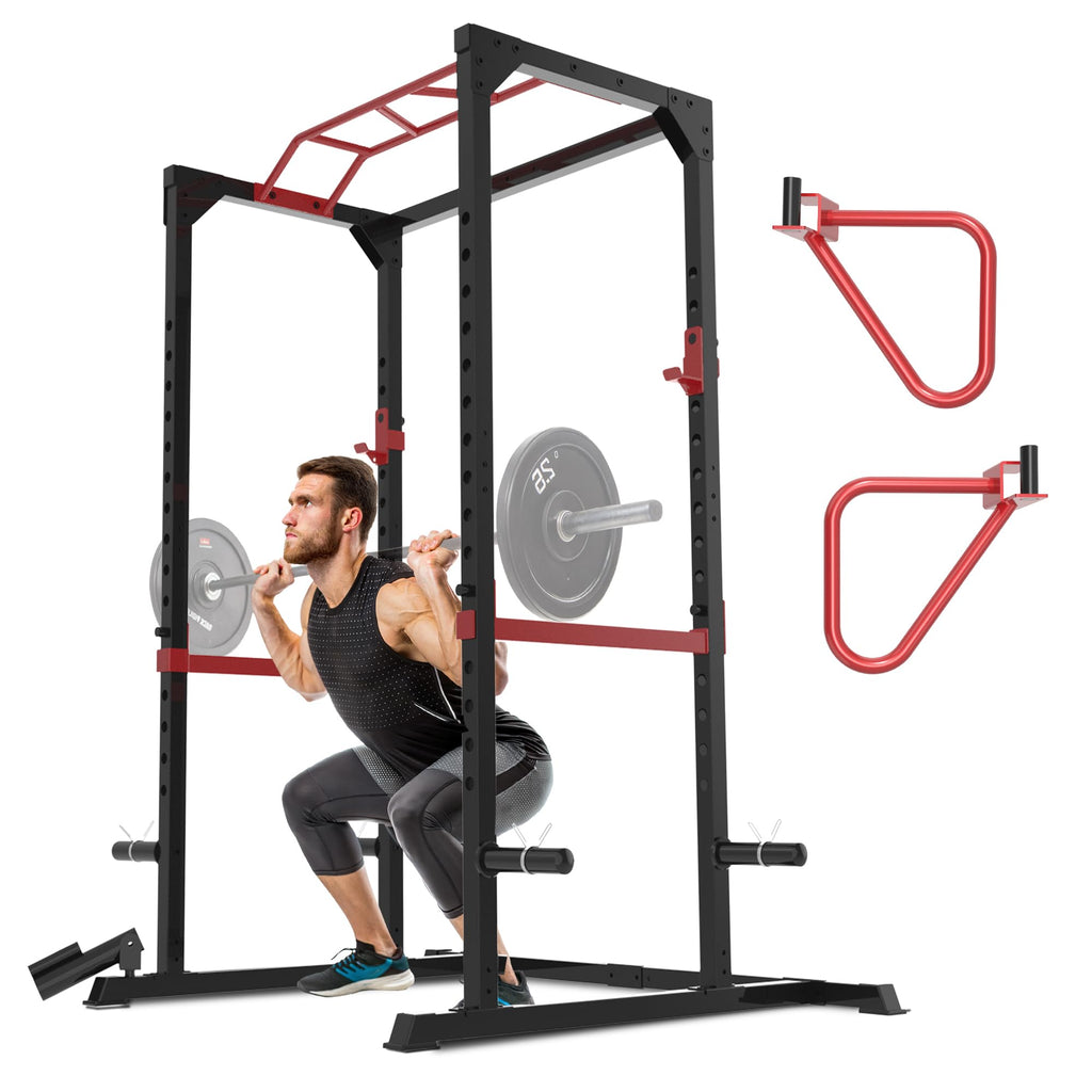 Fitness Reality Power Cage Squat Rack with Optional LAT Pulldown, Cable Crossover, 800 lb Capacity, Multi-Grip Pull-Up Bar, Adjustable Safety Bars, Strength Training for Home Gym