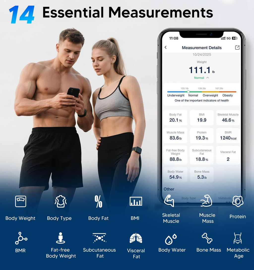 GE Smart Scale for Body Weight BMI Fat Muscle Mass with 14 Body Composition Metrics & All-in-one LCD Display, Digital Bathroom Weight Scales Bluetooth with App, Accurate Weighing Machine 400 lbs