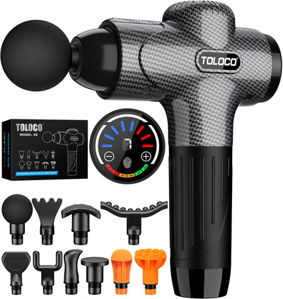TOLOCO Massage Gun Deep Tissue, Percussion Massage Gun with 10 Replacement Heads, Super Quiet Portable Electric Massager for Athletes, Relax, Black