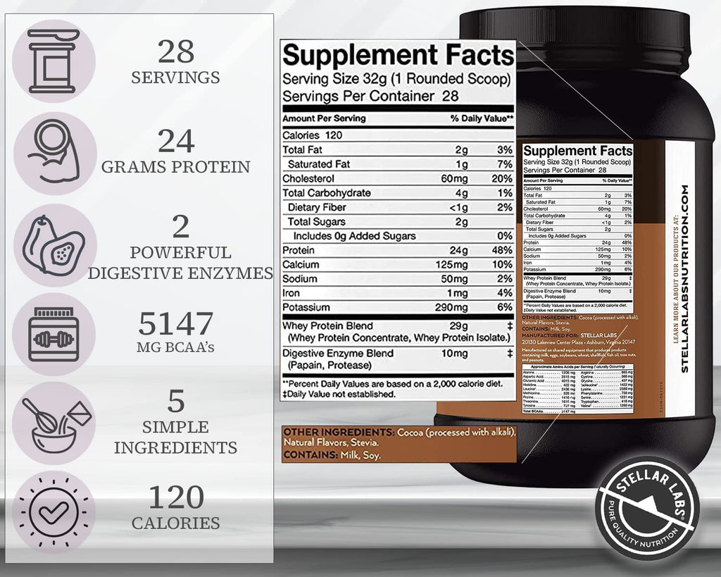 Stellar Labs Whey Protein Powder with BCAA's & Whey Isolate | Certified Low FODMAP, Non GMO, Gluten Free, Soy Free, Low Carb, Keto, with Stevia | All Natural Lean Post Workout Shakes | Salted Caramel