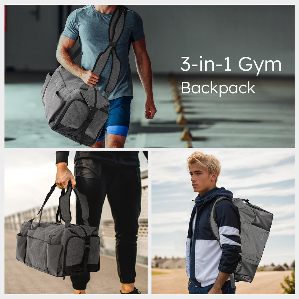 Gym Bag for Men with 2 Upgraded Bottle Holders Convertible Duffle Bag and Gym Backpack Waterproof Sports Bags with Shoes Compartment and Wet Pocket - Black