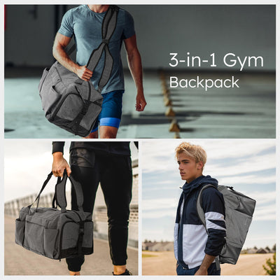 Gym Bag for Men with 2 Upgraded Bottle Holders Convertible Duffle Bag and Gym Backpack Waterproof Sports Bags with Shoes Compartment and Wet Pocket - Black