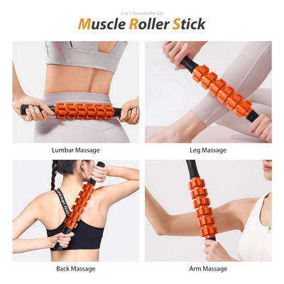 5 in1 Foam Roller Set, Trigger Point Foam Roller, Massage Roller Stick, Massage Ball, Resistance Band for Deep Muscle Massage Pilates Yoga,Fitness Exercise for Whole Body (Black-Red)