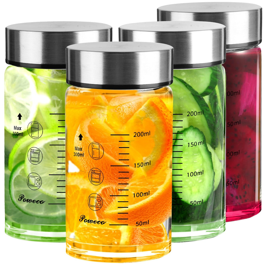 Glass Juice Bottles 4 Pack 20 oz - Wide Mouth Glass Water Bottles with Lids - for Juicing, Protein, Smoothie, Milk, Reusable, BPA Free, Stainless Steel Lids, Blender, Shaker Bottle (20oz/600ml)