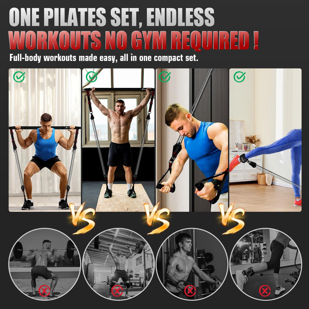 Pilates Bar Kit with Resistance Bands, Heavy Duty Multifunctional Pilates Workout Equipment for Strength Training, HIPS, Back, Arms, Abs, Shoulders, Portable Home Gym & Travel Fitness Gear for Men